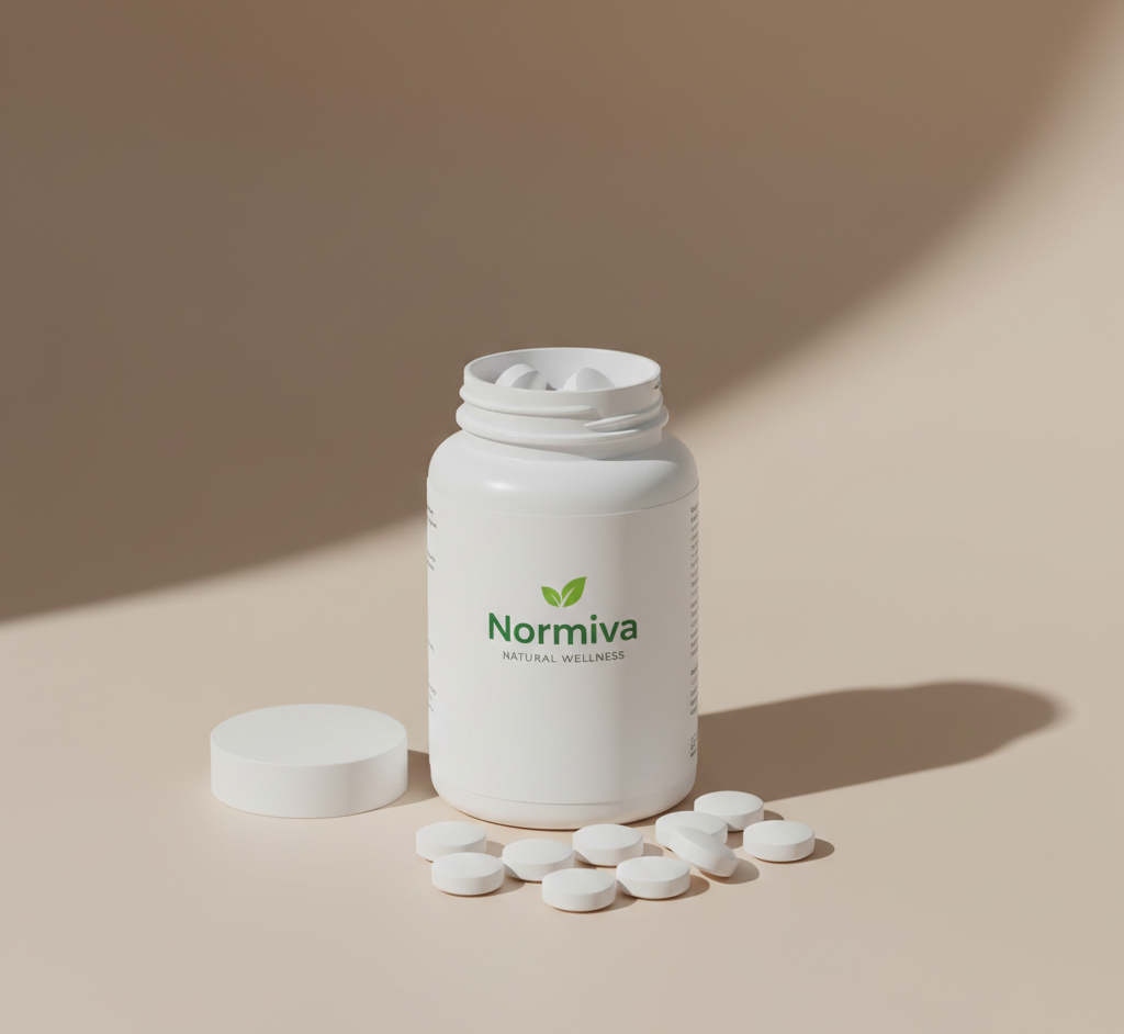 Normiva - натуральний комплекс для підтримки нормального артеріального тиску у вигляді таблеток в блістерній упаковці, біла картонна коробка з синіми елементами дизайну на нейтральному фоні